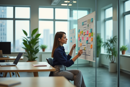 Jeune femme en business casual dans un coworking moderne