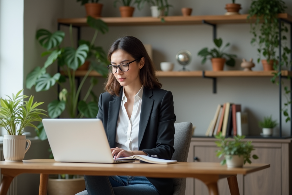 Jeune femme au bureau en train de taper sur un ordinateur portable