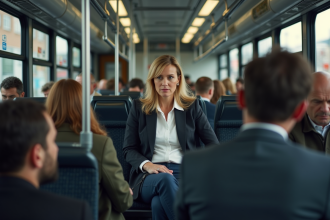Femme assise dans un bus bondé avec d autres passagers