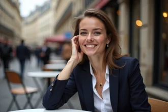 Femme souriante dans un café parisien en extérieur