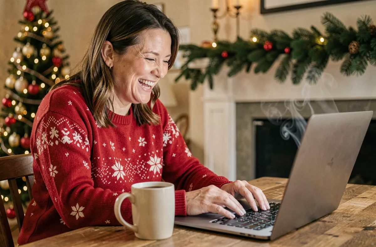 Femme en pull de Noël rouge riant devant son ordinateur portable en choisissant une carte de vœux humoristique en ligne