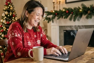 Femme en pull de Noël rouge riant devant son ordinateur portable en choisissant une carte de vœux humoristique en ligne