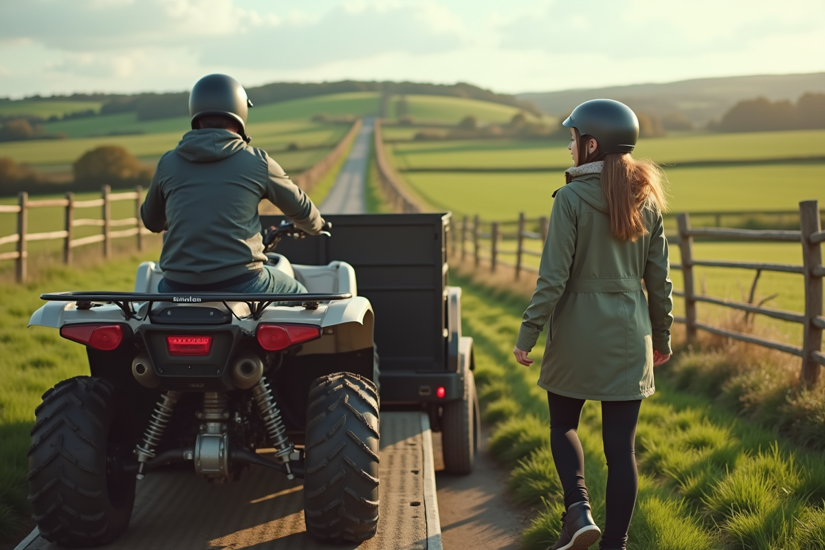 Femme chargeant un quad dans un paysage campagnard
