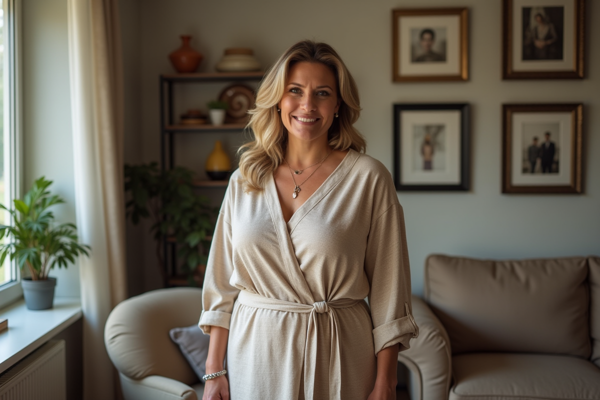 Femme confiante en robe élégante dans un salon cosy
