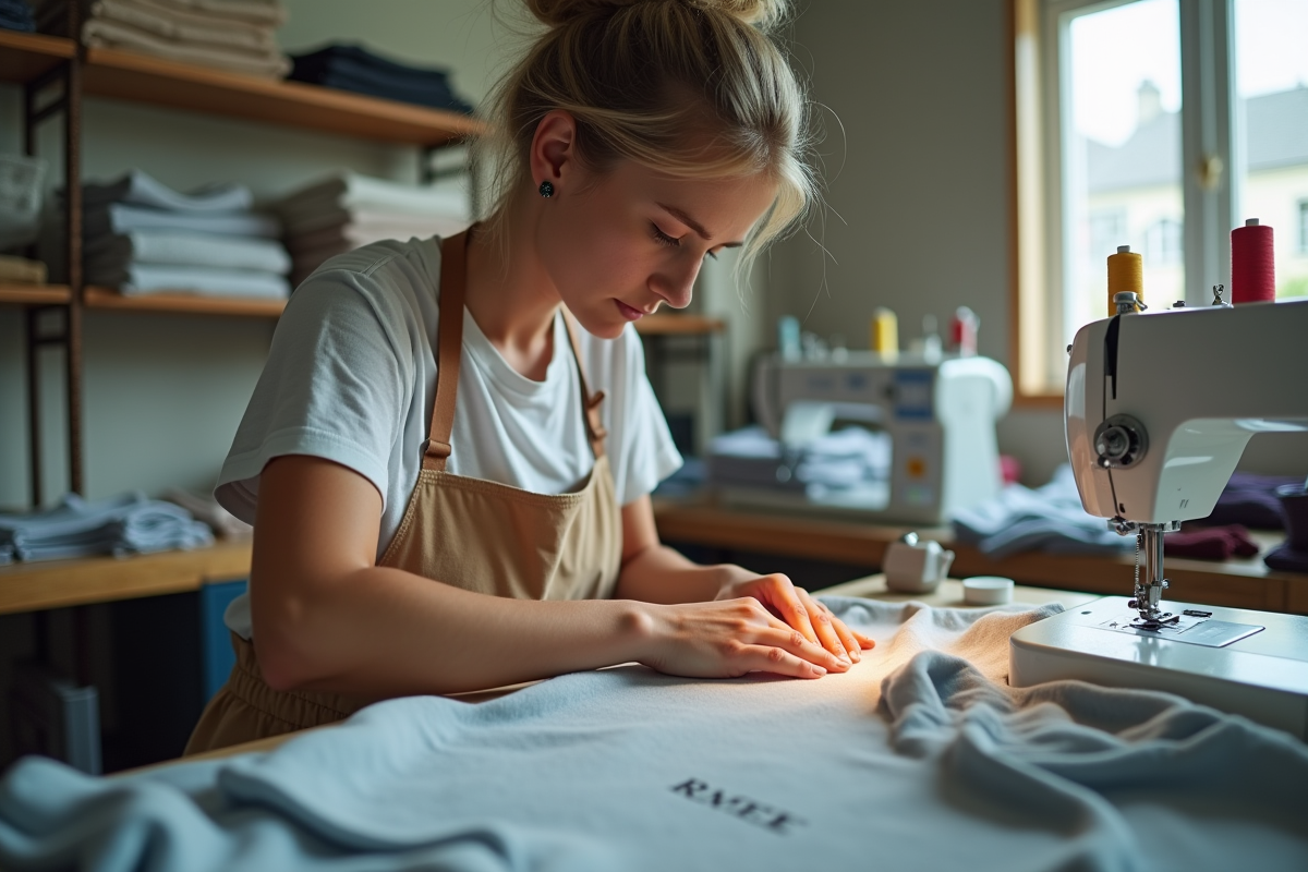 Femme couturiere cousant une étiquette sur un sweat dans un atelier