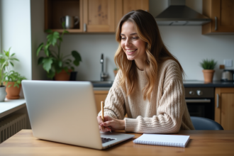 Femme souriante dans une cuisine moderne avec ordinateur