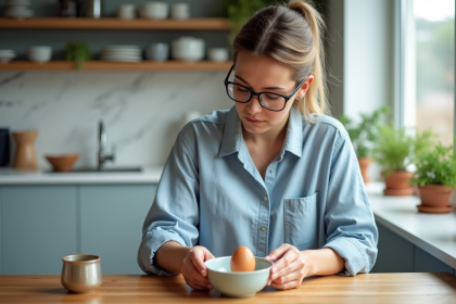 Femme en cuisine préparant un œuf dans un bol en céramique