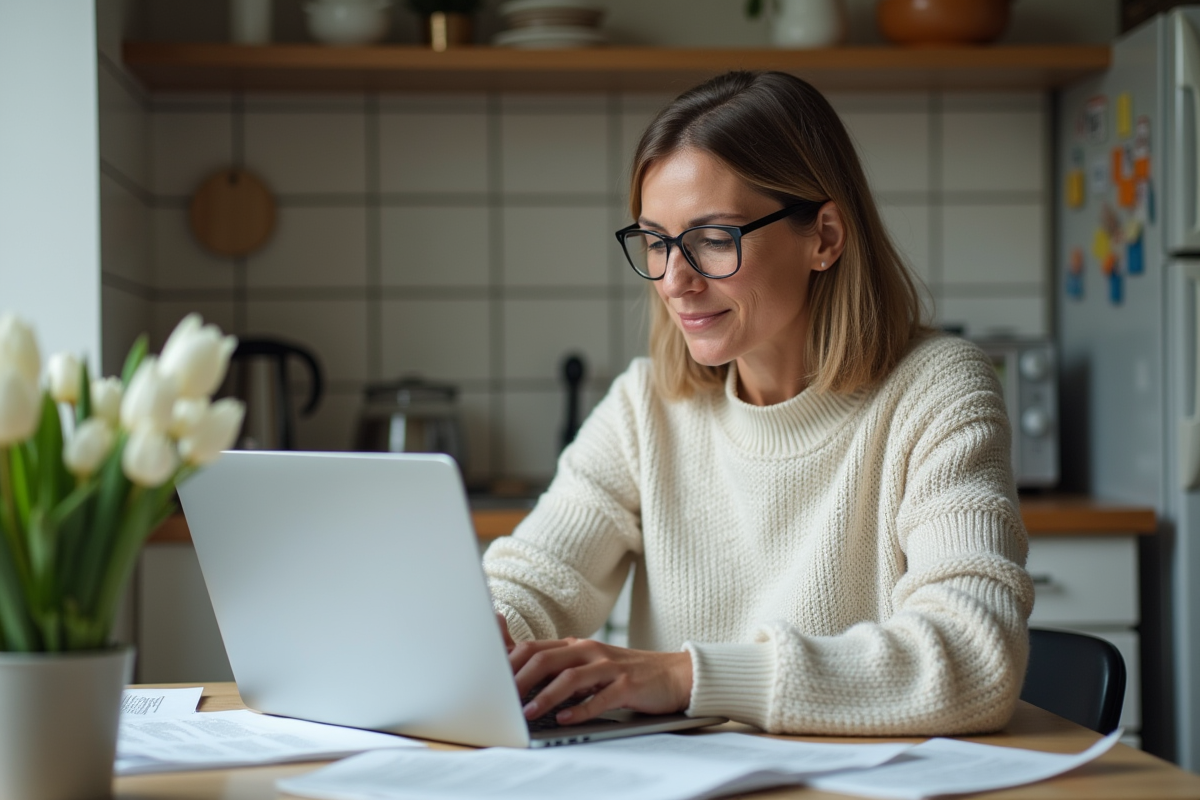 Femme à la maison utilisant son ordinateur dans la cuisine