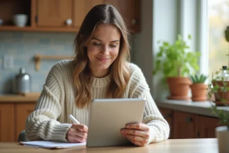Femme assise à la cuisine avec tablette et notes