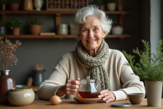 Femme âgée préparant une infusion d'herbes dans la cuisine