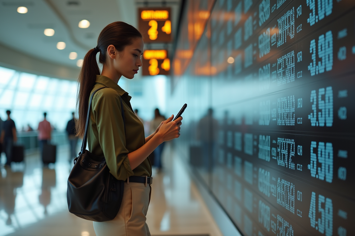 Jeune femme vérifiant le taux de change à l