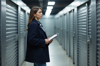 Jeune femme professionnelle inspectant un centre de stockage moderne