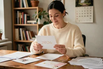 Femme imprimant une carte de vœux Bonne Année 2026 à la maison sur son bureau en bois
