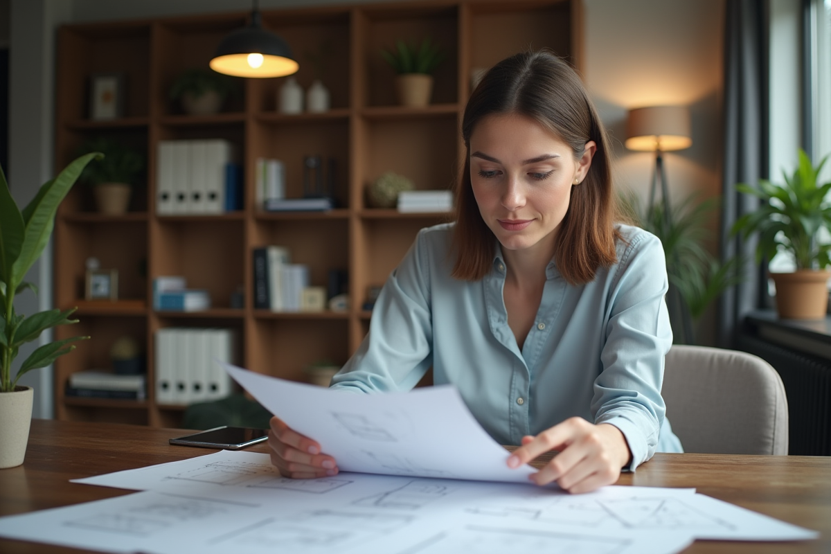 Femme professionnelle en home office analysant des plans immobiliers