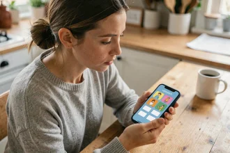 Femme jouant à 4 Images 1 Mot sur smartphone, cherchant un mot de 5 lettres