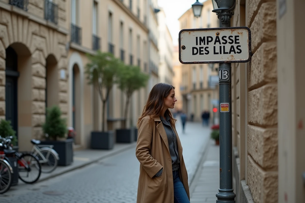 Femme lisant une plaque d impasse dans une rue pav&eacute;e