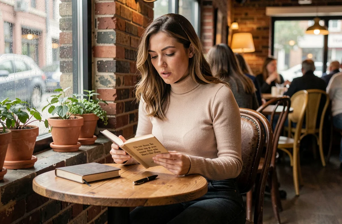 Jeune femme feuilletant un livre de citations dans un café vintage près d'une fenêtre pluvieuse