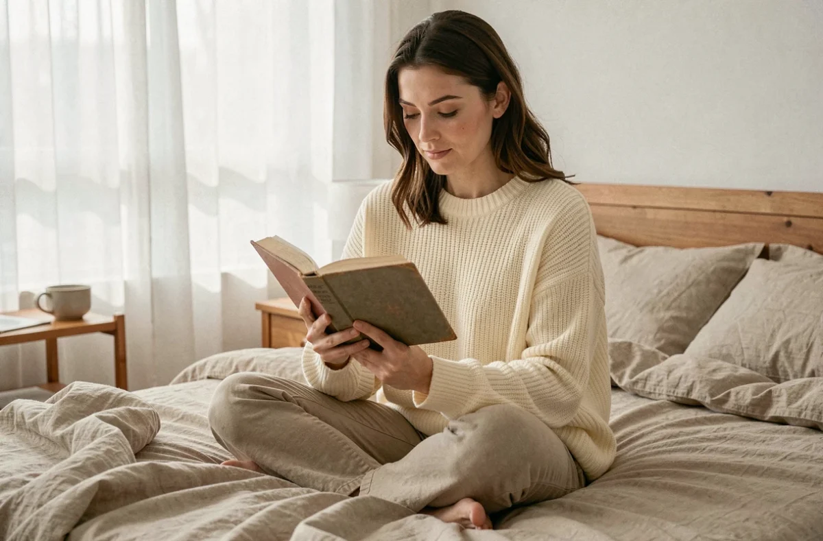 Femme lisant un livre de citations le matin dans une chambre cosy et lumineuse