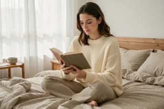Femme lisant un livre de citations le matin dans une chambre cosy et lumineuse