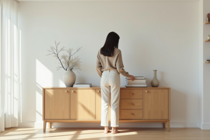 Femme minimaliste dans un salon lumineux et épuré