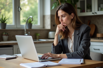 Femme organisée vérifiant ses documents financiers à la maison