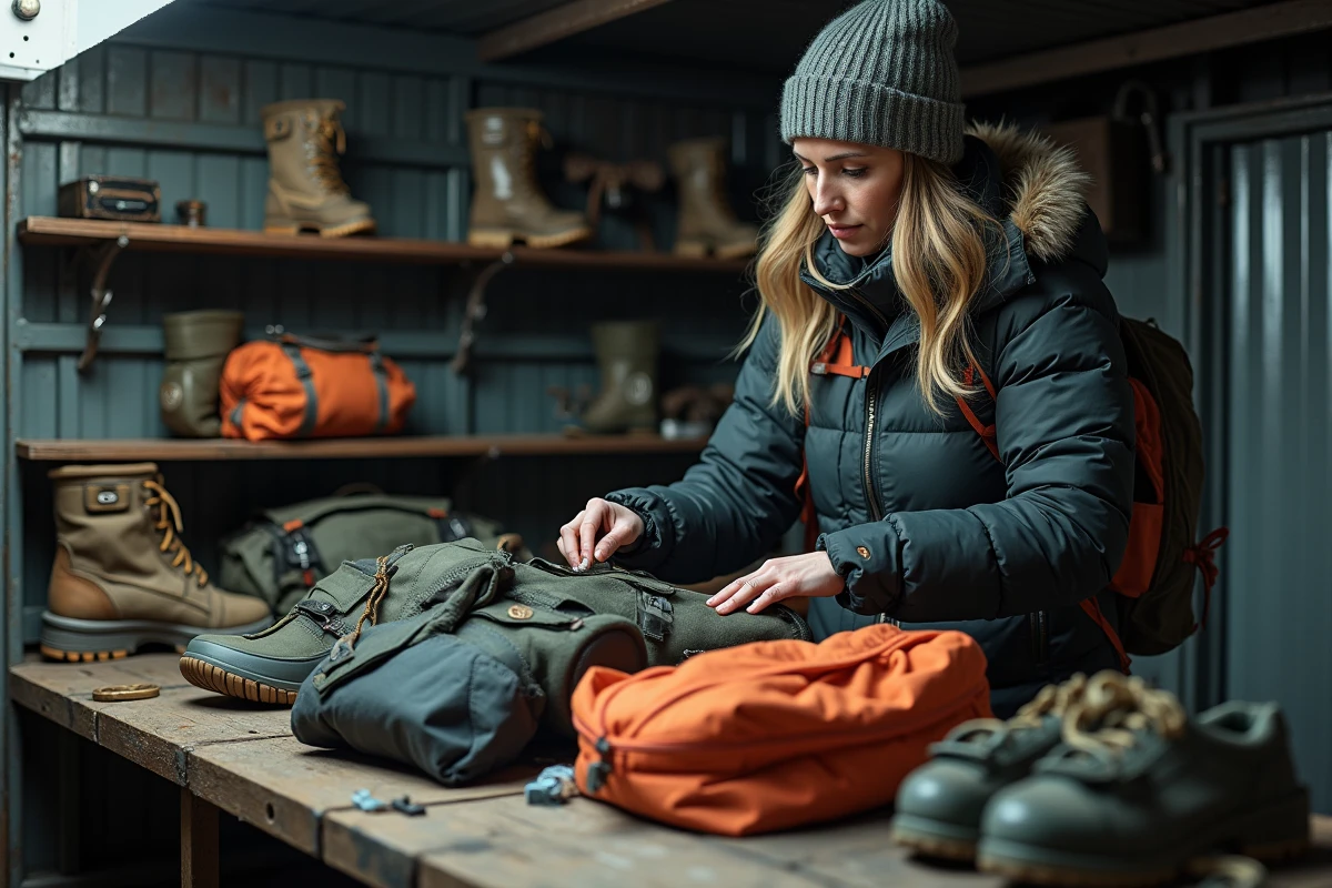 Femme triant des équipements de survie dans un abri souterrain