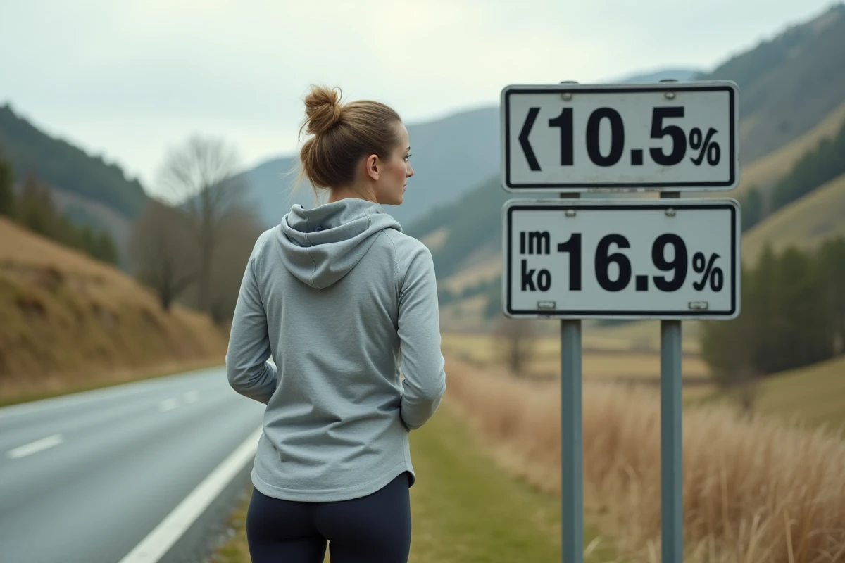 Femme consultant un panneau de distance en kilomètres et miles sur une route de campagne