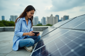 Femme vérifiant une batterie solaire sur un toit urbain