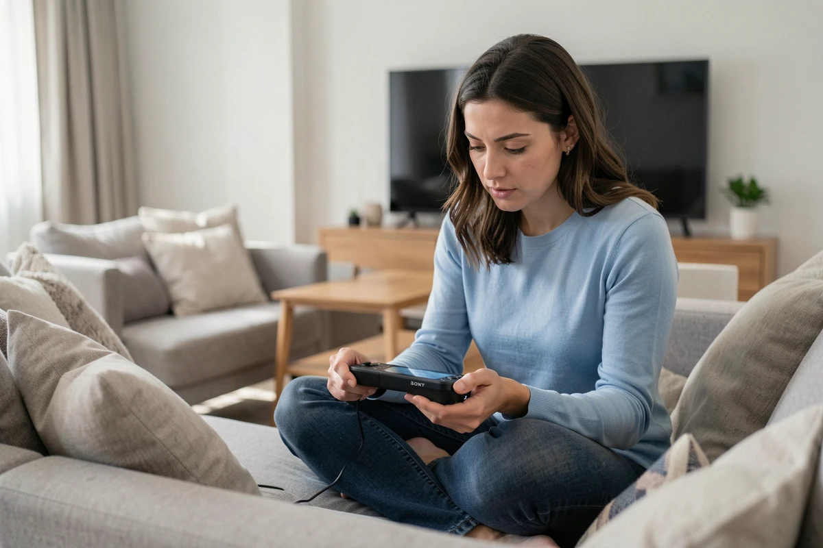 Femme paramétrant une console Sony portable pour le jeu à distance depuis son salon