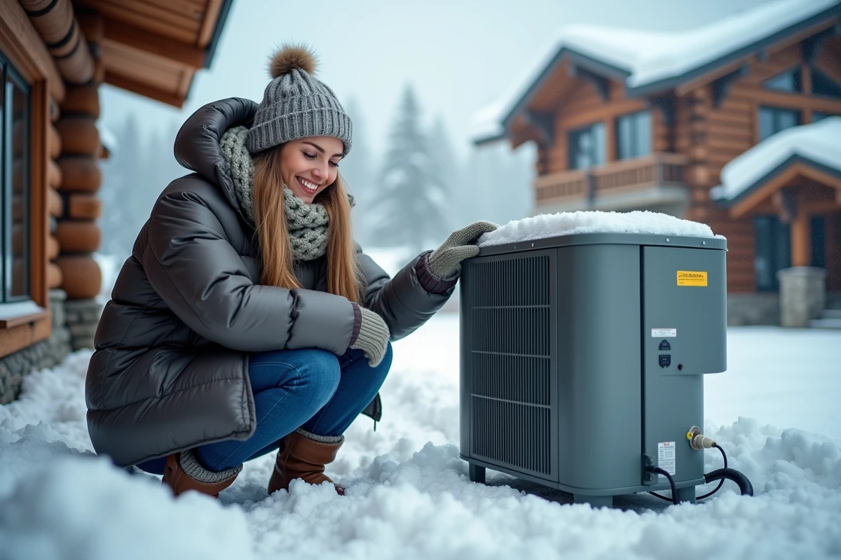 Jeune femme v&eacute;rifiant une pompe &agrave; chaleur dans la neige