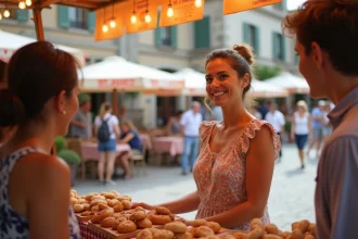 Femme souriante servant des pâtisseries locales dans un village d'Aveyron
