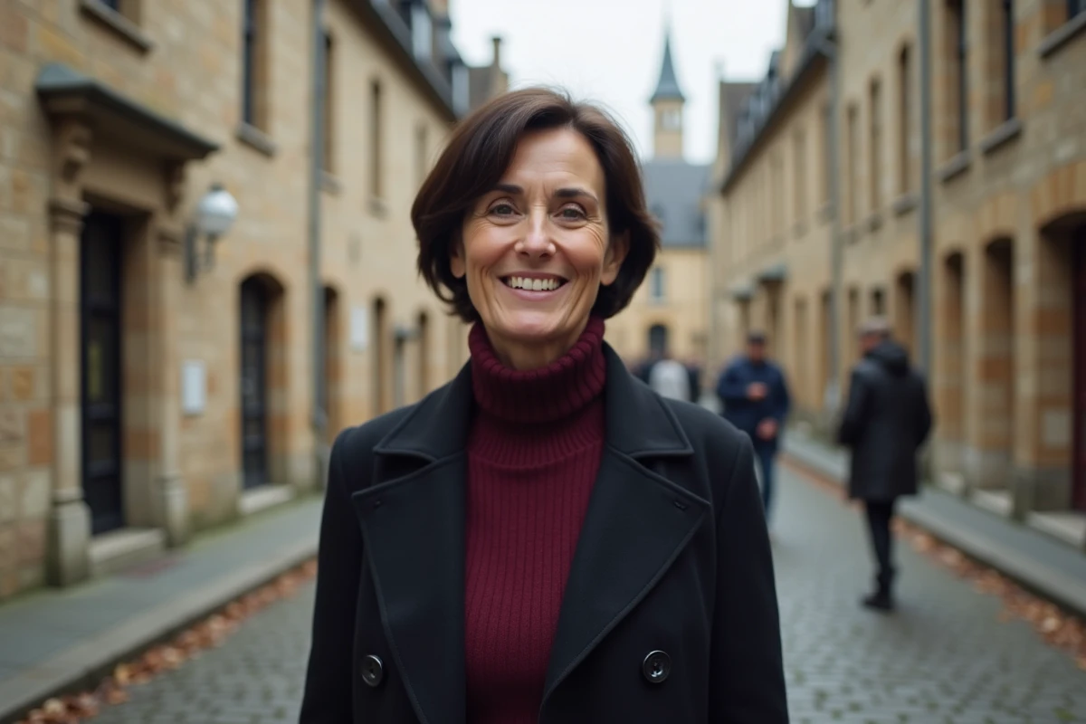 Femme politique marchant dans une rue pavée d'une ville française, incarnant la proximité avec les citoyens