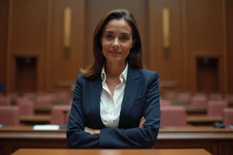 Femme politique à la tribune d'une salle municipale, illustrant le parcours d'une élue engagée