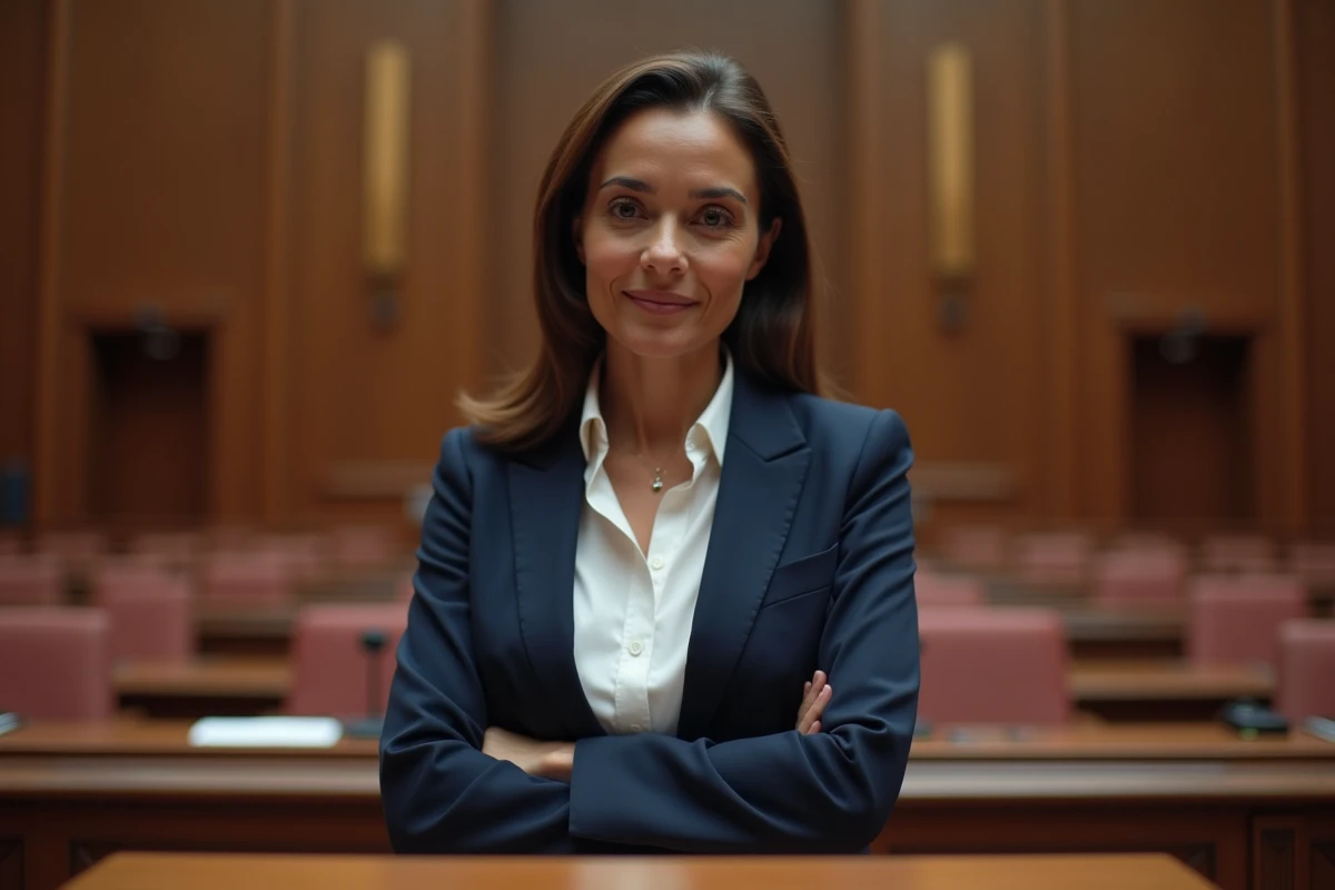 Femme politique à la tribune d'une salle municipale, illustrant le parcours d'une élue engagée