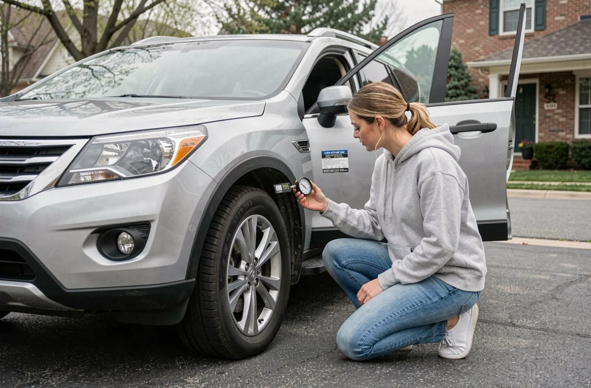 Femme vérifiant la pression des pneus de son SUV dans une allée résidentielle avec un manomètre