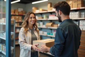 Femme souriante remettant un colis au comptoir Mondial Relay