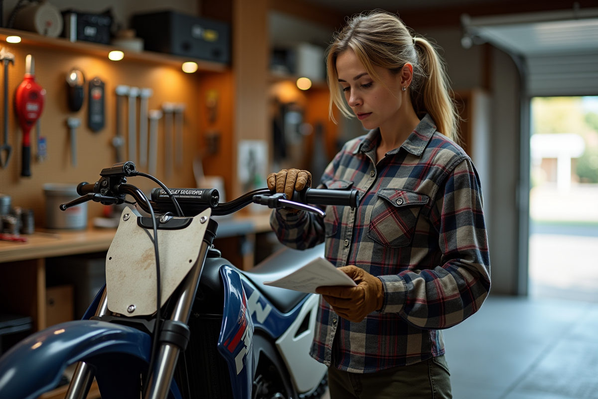 Femme examinant un manuel de pit bike dans un garage organisé