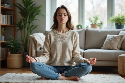 Jeune femme en détente pratiquant la respiration profonde