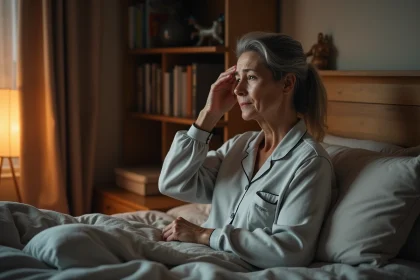 Femme en pyjama se réveillant dans son lit la nuit