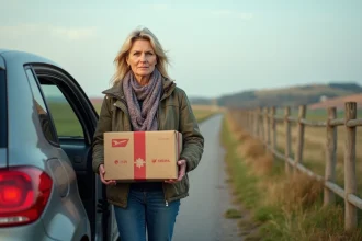 Femme rurale avec colis à côté de sa voiture
