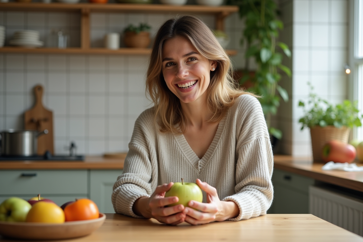 Femme souriante avec pomme dans une cuisine lumineuse