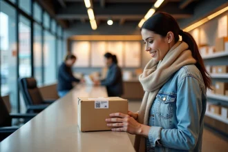 Femme scannant un QR code dans un bureau de poste
