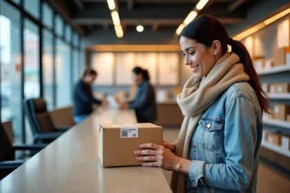 Femme scannant un QR code dans un bureau de poste