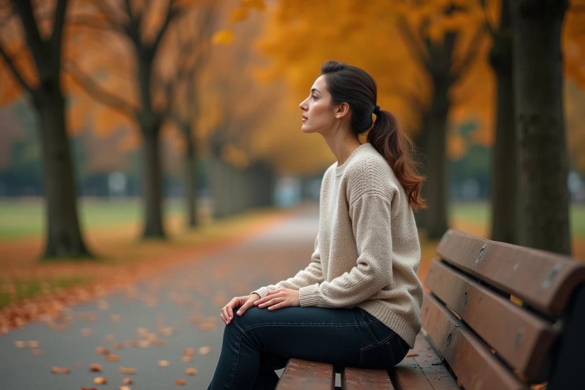 Femme seule sur un banc en automne, regard perdu dans le vide, symbolisant la séparation d'une flamme jumelle