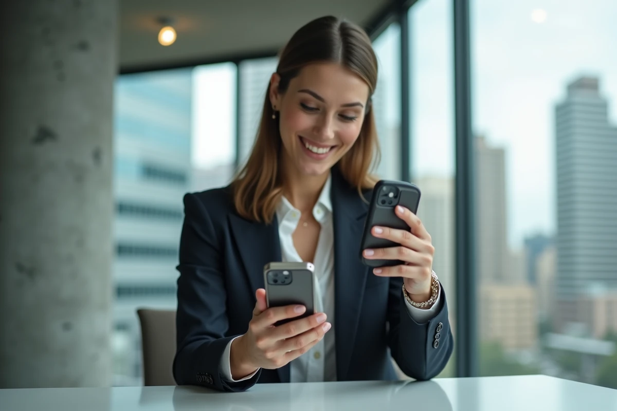 Jeune femme examinant un ancien téléphone dans un bureau moderne