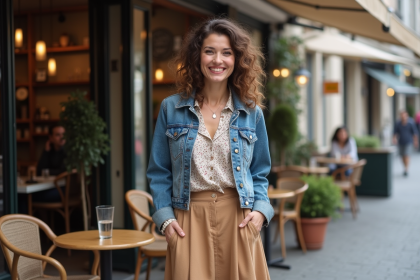 Femme souriante en ville avec jupe midi et blouse imprimée