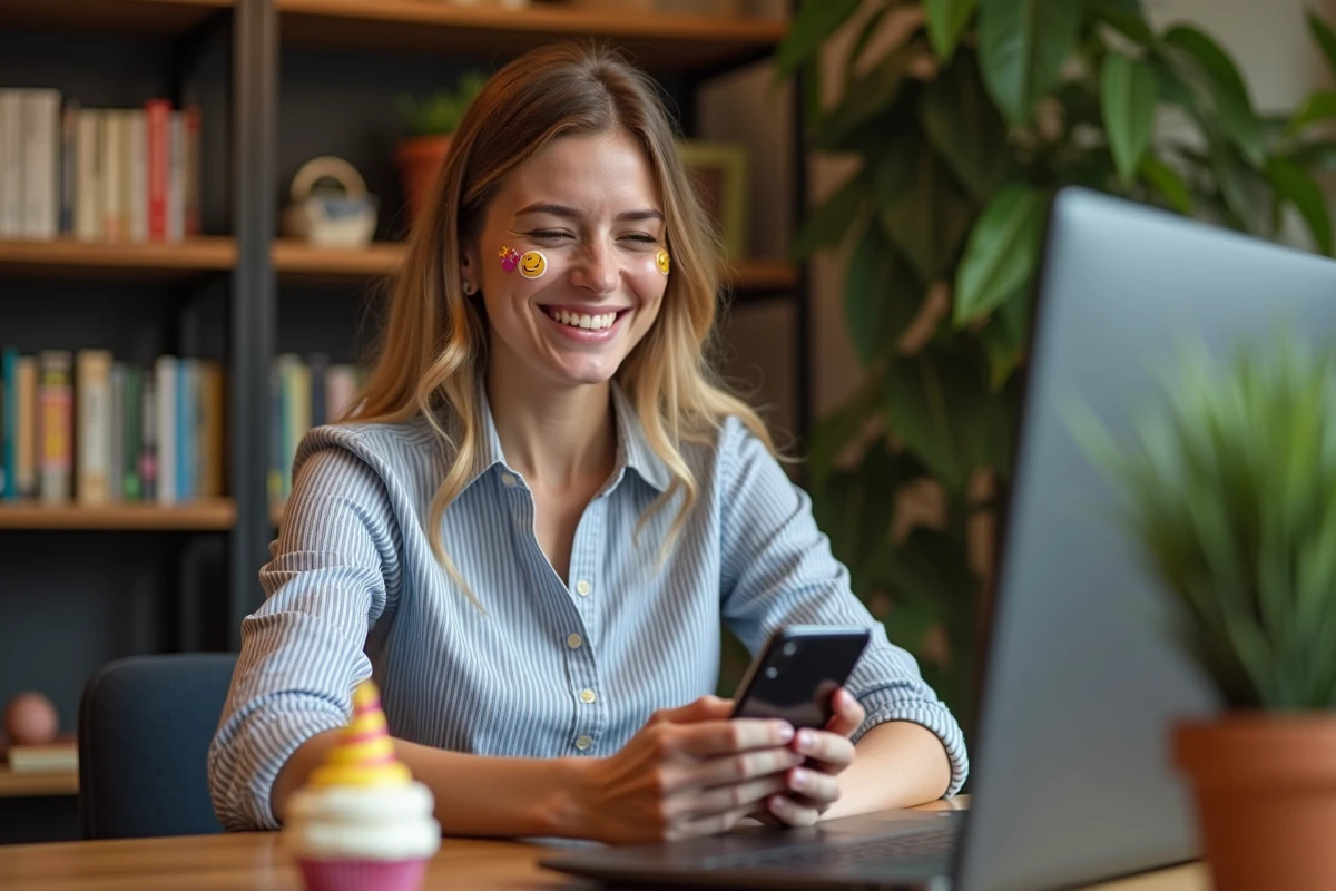 Femme souriante envoyant un smiley d'anniversaire rigolo sur Facebook depuis son bureau à domicile