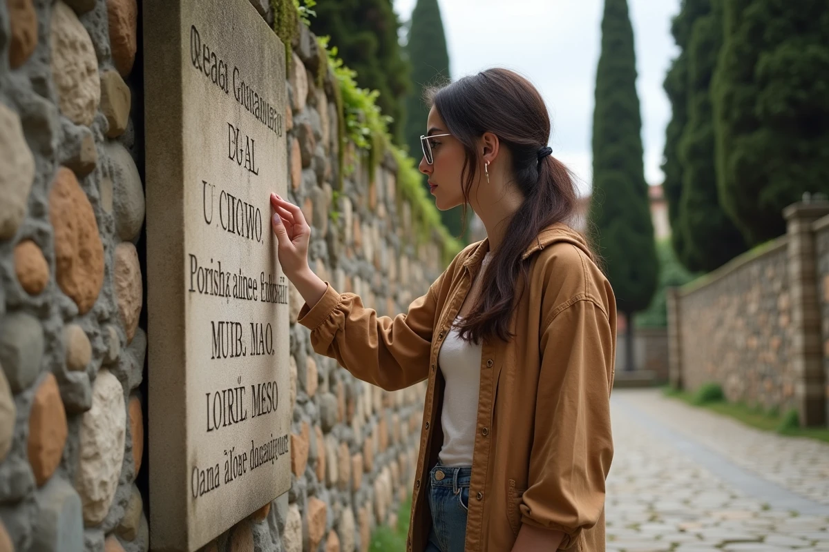 Jeune femme touchant une plaque gravée dans une place de village