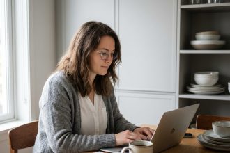 Femme au travail dans une cuisine moderne et lumineuse