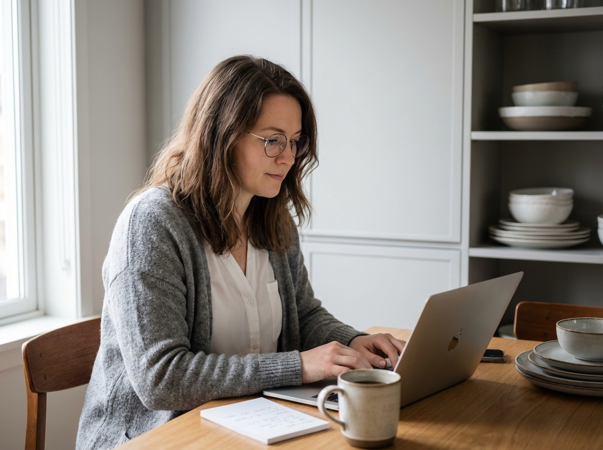 Femme au travail dans une cuisine moderne et lumineuse